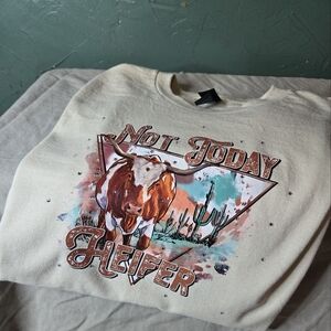 Beige Vintage Western Style Graphic T Shirt Women's Not Today Heifer Rhinestones